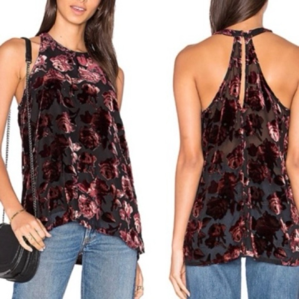 BB Dakota | Sheer/Velour Floral Sleeveless Top - Black and Maroon